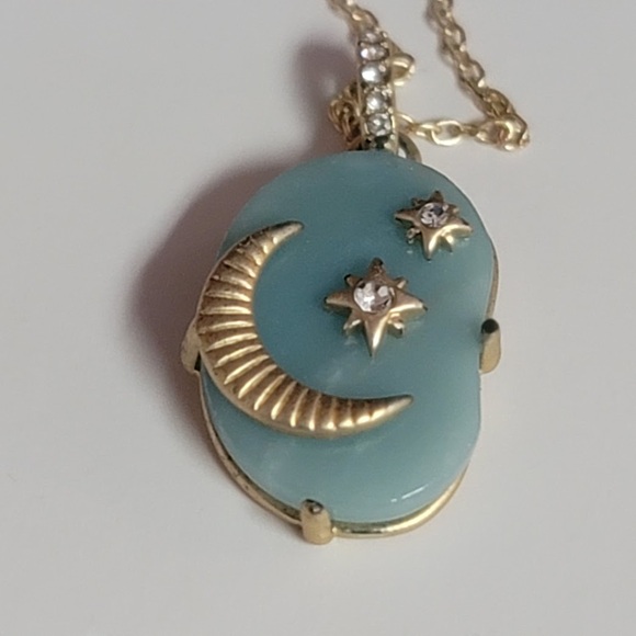 Amazonite File Silver Plated 16" + 2" Necklace with The moon and Stars Pendant - Picture 1 of 4